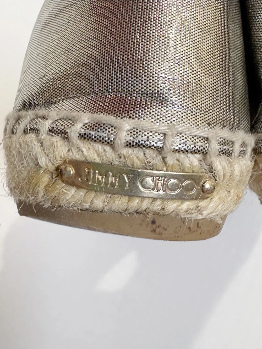 Jimmy Choo Dreya Gold Metallic Lame Espadrille Flats Size 39.5 US 9.5 Studded